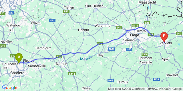 Map: Charleroi Airport Brussels South (CRL) to Hodimont