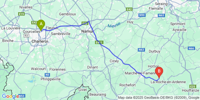 Map: Charleroi Airport Brussels South (CRL) to Hodister