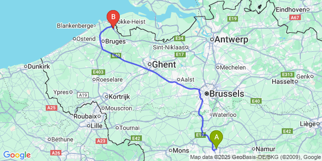 Map: Charleroi Airport Brussels South (CRL) to Hoeke