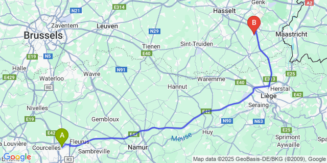 Map: Charleroi Airport Brussels South (CRL) to Hoeselt