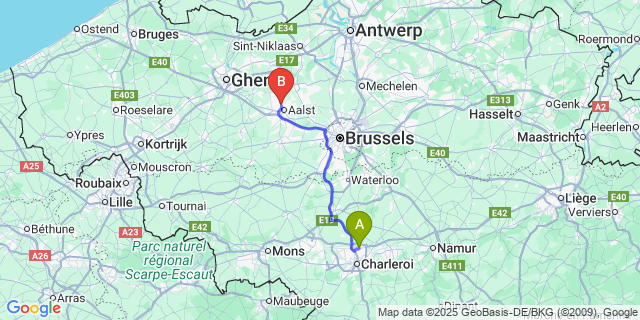 Map: Charleroi Airport Brussels South (CRL) to Hofstade (Oost-Vlaanderen)