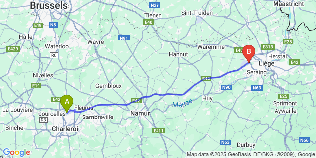 Map: Charleroi Airport Brussels South (CRL) to Hollogne-Aux-Pierres