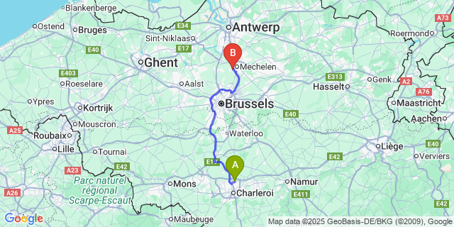 Map: Charleroi Airport Brussels South (CRL) to Hombeek