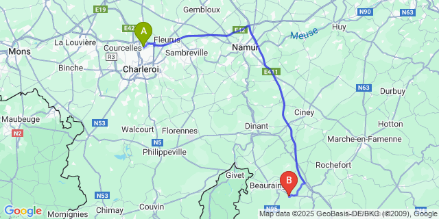 Map: Charleroi Airport Brussels South (CRL) to Honnay