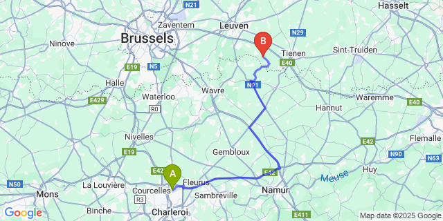 Map: Charleroi Airport Brussels South (CRL) to Honsem