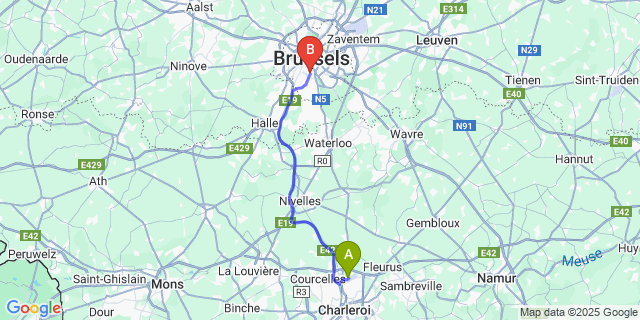 Map: Charleroi Airport Brussels South (CRL) to Hotel Catalonia Brussels