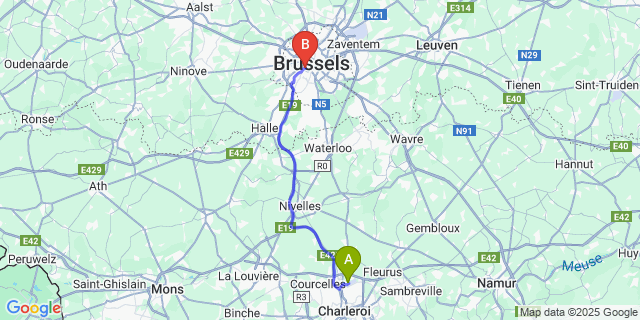 Map: Charleroi Airport Brussels South (CRL) to Hotel Mercure Brussels Centre Midi