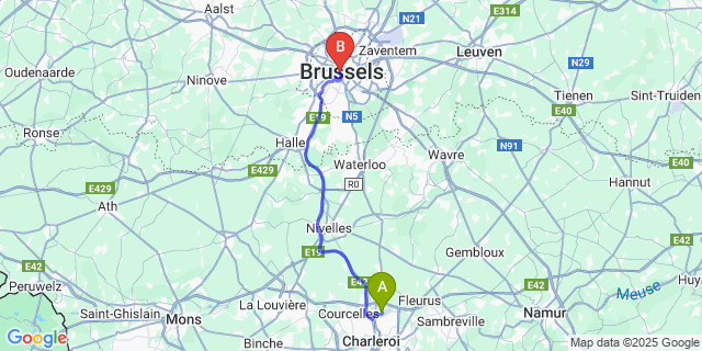 Map: Charleroi Airport Brussels South (CRL) to Hotel Mozart, Brussels