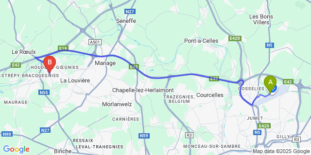 Map: Charleroi Airport Brussels South (CRL) to Houdeng-Aimeries