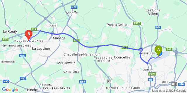 Map: Charleroi Airport Brussels South (CRL) to Houdeng-G?gnies