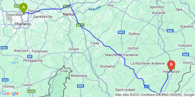Map: Charleroi Airport Brussels South (CRL) to Houffalize