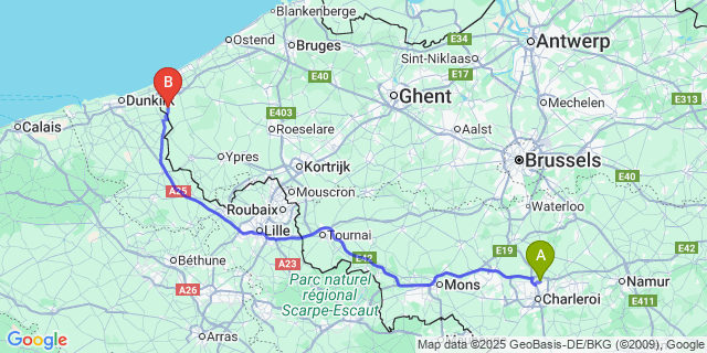 Map: Charleroi Airport Brussels South (CRL) to Houtem
