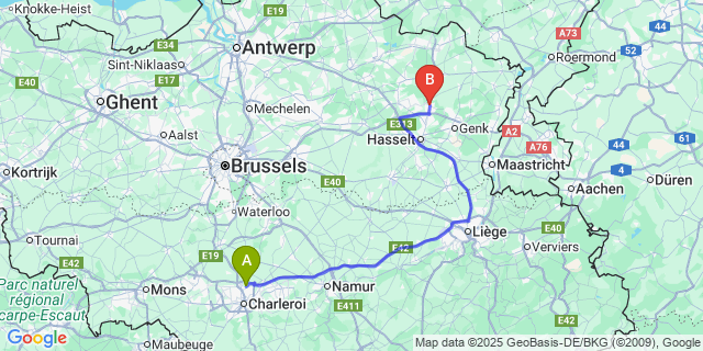 Map: Charleroi Airport Brussels South (CRL) to Houthalen