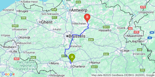 Map: Charleroi Airport Brussels South (CRL) to Houtvenne