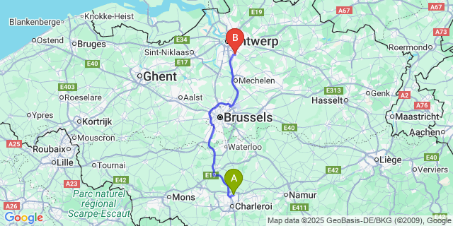 Map: Charleroi Airport Brussels South (CRL) to Hoves