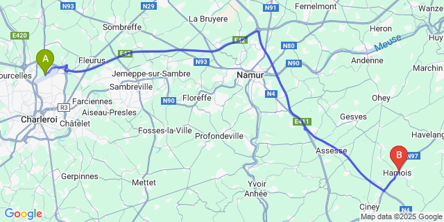 Map: Charleroi Airport Brussels South (CRL) to Hubinne
