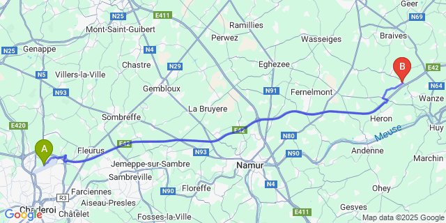 Map: Charleroi Airport Brussels South (CRL) to Huccorgne