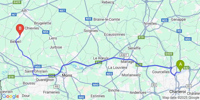 Map: Charleroi Airport Brussels South (CRL) to Huissignies
