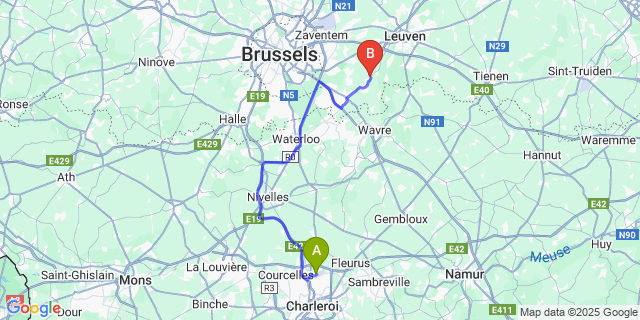 Map: Charleroi Airport Brussels South (CRL) to Huldenberg