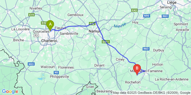 Map: Charleroi Airport Brussels South (CRL) to Humain