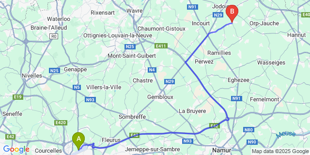 Map: Charleroi Airport Brussels South (CRL) to Huppaye