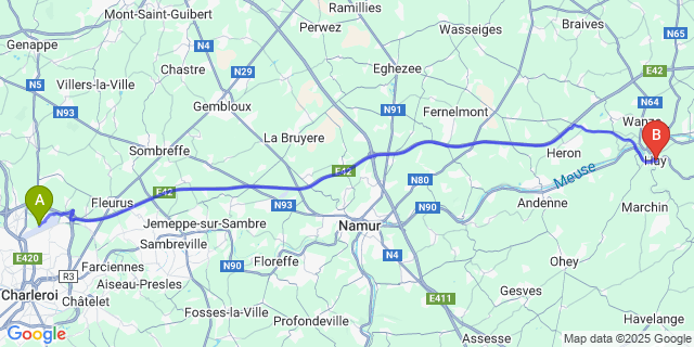 Map: Charleroi Airport Brussels South (CRL) to Huy