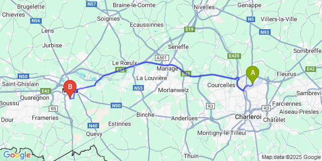 Map: Charleroi Airport Brussels South (CRL) to Hyon