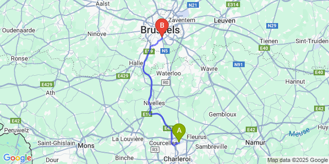 Map: Charleroi Airport Brussels South (CRL) to ibis Brussels Centre Chatelain