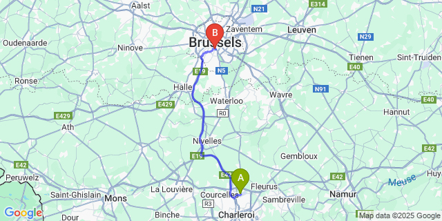 Map: Charleroi Airport Brussels South (CRL) to ibis Styles Brussels Centre Stephanie