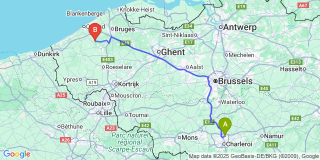 Map: Charleroi Airport Brussels South (CRL) to Ichtegem