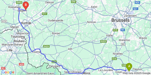 Map: Charleroi Airport Brussels South (CRL) to Ingelmunster