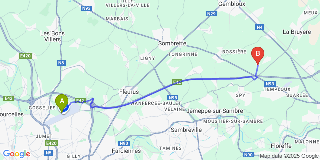 Map: Charleroi Airport Brussels South (CRL) to Isnes