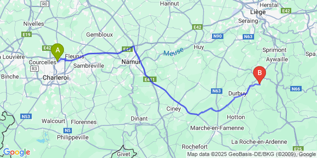 Map: Charleroi Airport Brussels South (CRL) to Izier