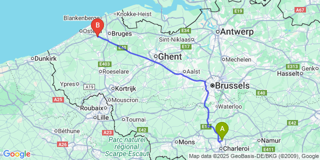 Map: Charleroi Airport Brussels South (CRL) to Jabbeke