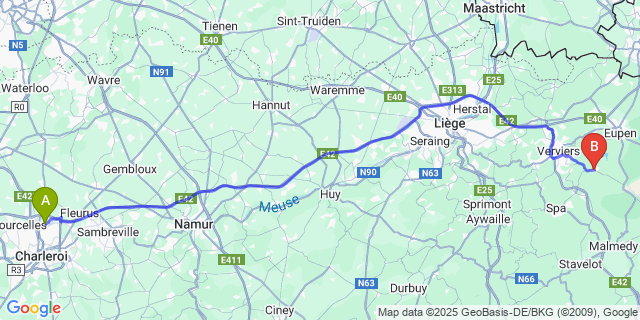 Map: Charleroi Airport Brussels South (CRL) to Jalhay
