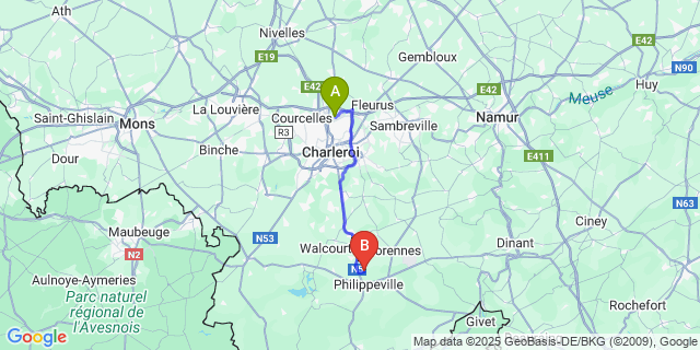 Map: Charleroi Airport Brussels South (CRL) to Jamagne