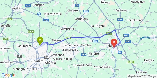Map: Charleroi Airport Brussels South (CRL) to Jambes