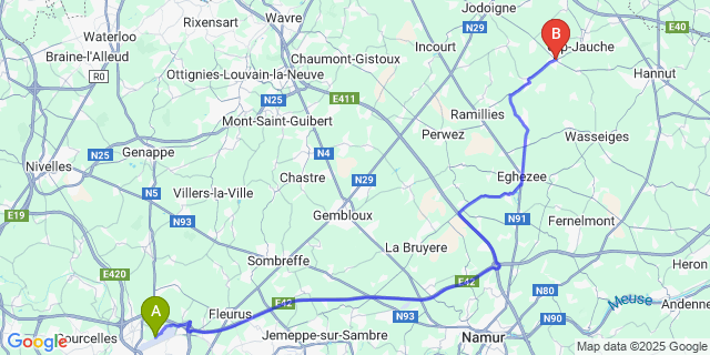 Map: Charleroi Airport Brussels South (CRL) to Jauche