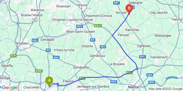 Map: Charleroi Airport Brussels South (CRL) to Jauchelette