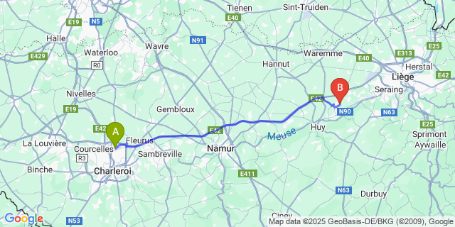 Map: Charleroi Airport Brussels South (CRL) to Jehay-Bodegnée