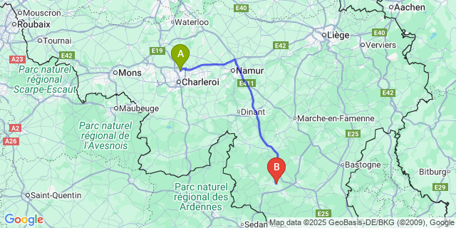 Map: Charleroi Airport Brussels South (CRL) to Jéhonville