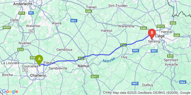 Map: Charleroi Airport Brussels South (CRL) to Jemeppe (-Sur-Meuse)