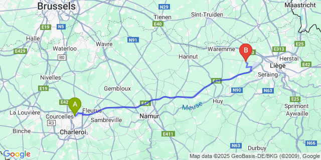 Map: Charleroi Airport Brussels South (CRL) to Jeneffe (En Hesbaye)