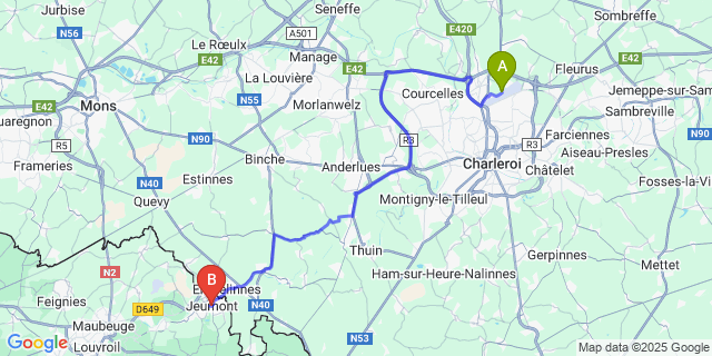 Map: Charleroi Airport Brussels South (CRL) to Jeumont