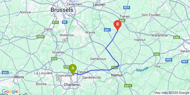 Map: Charleroi Airport Brussels South (CRL) to Jodoigne