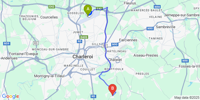 Map: Charleroi Airport Brussels South (CRL) to Joncret