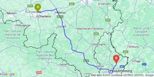 Map: Charleroi Airport Brussels South (CRL) to Junglinster