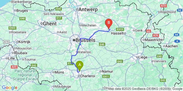 Map: Charleroi Airport Brussels South (CRL) to Kaggevinne-Assent