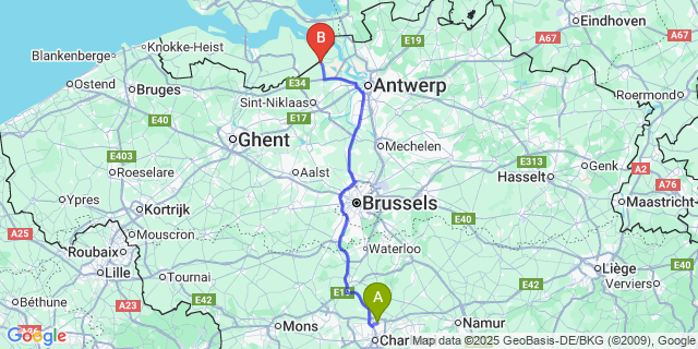Map: Charleroi Airport Brussels South (CRL) to Kallo (Kieldrecht)