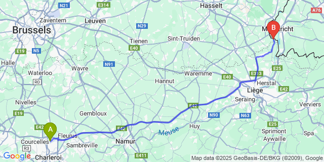 Map: Charleroi Airport Brussels South (CRL) to Kanne